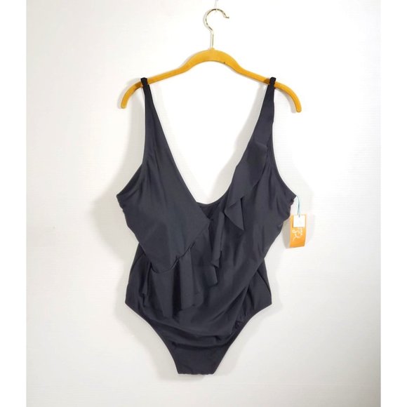NWT Kona Sol Women's Black Asymmetrical Ruffle 1 Piece Swimsuit Size XL 1094 - Picture 7 of 11